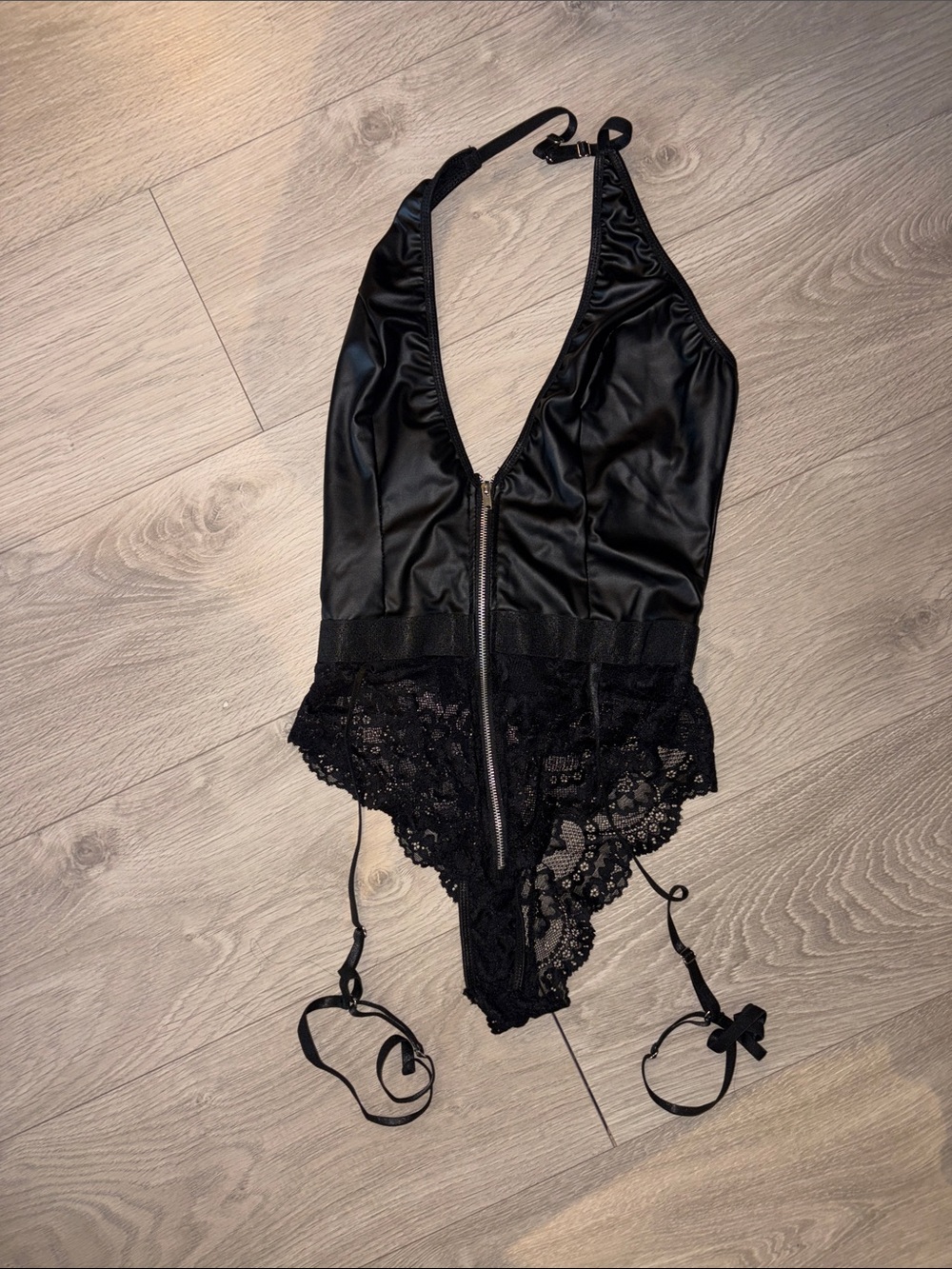 Black Lace-Trim Halter Bodysuit - Women Tops - Picture 1 of 2